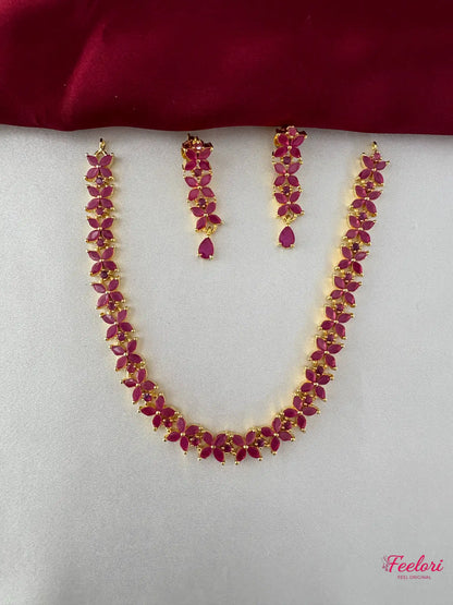 FeelOri Gold Plated Ruby-Tone Petal Necklace Set - Delicate Design - FeelOri Indian fashion jewellery view 1
