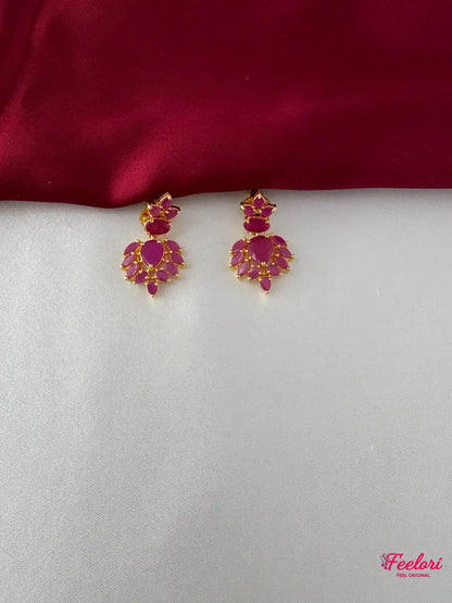 FeelOri Gold Plated Ruby Petal Earrings - Close-up view of the exquisite drop earrings, highlighting the Ruby-Tone CZ-hued stones and intricate petal arrangement.