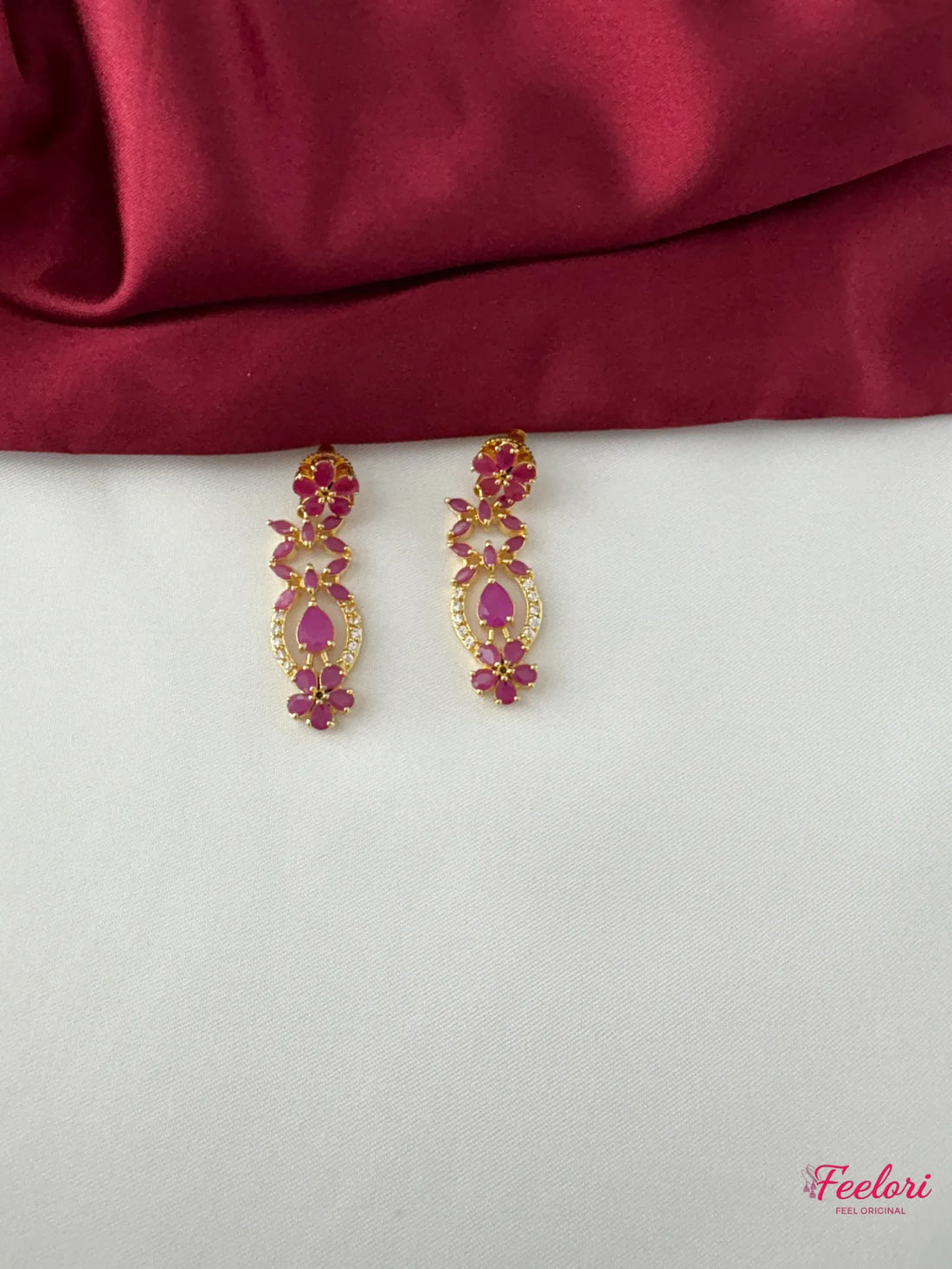 FeelOri Gold Plated Ruby-Tone Scalloped Petal Necklace Set - Regal Bloom - FeelOri Indian fashion jewellery view 3
