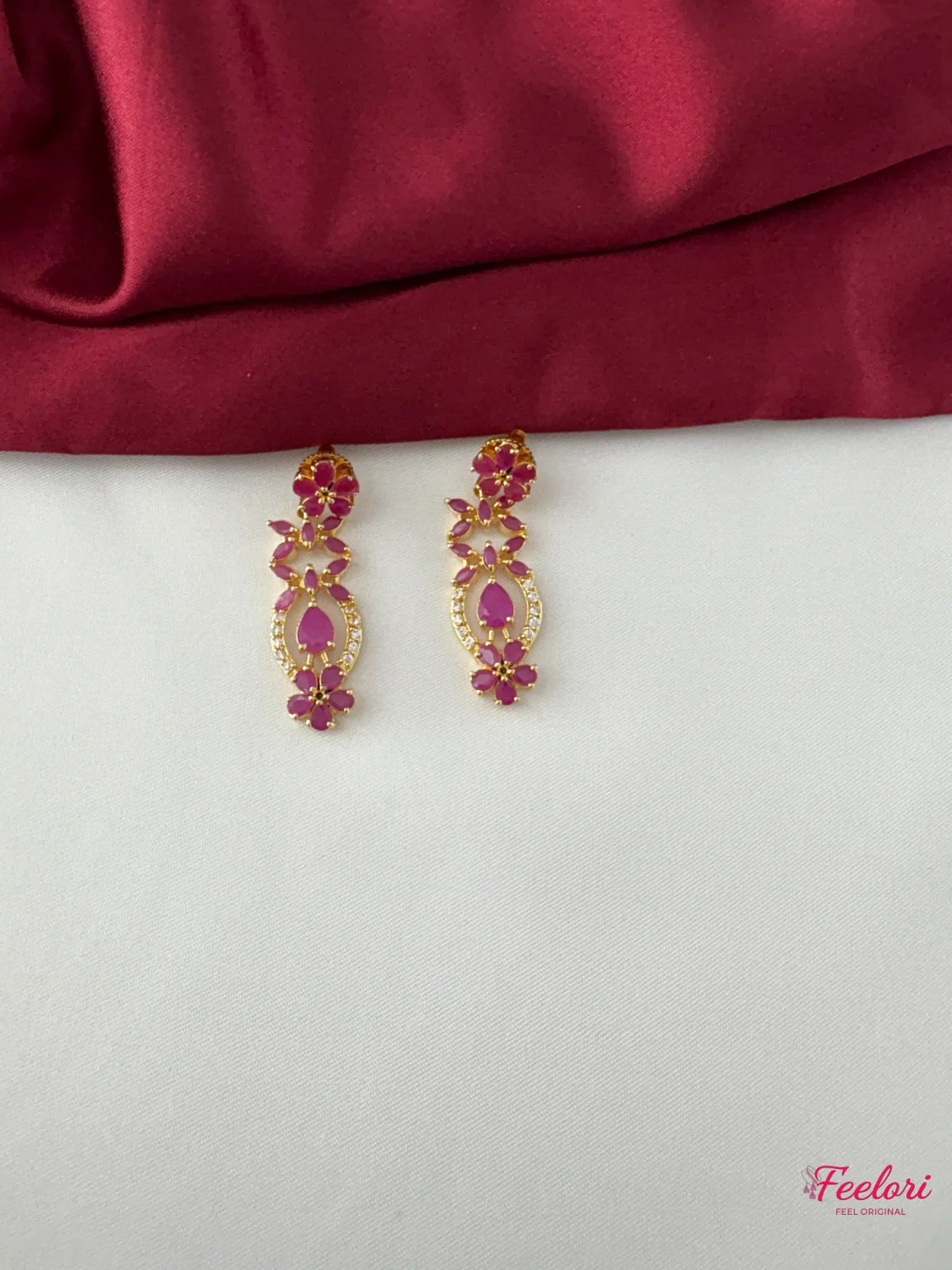 FeelOri Gold Plated Ruby-Tone Scalloped Petal Necklace Set - Regal Bloom - FeelOri Indian fashion jewellery view 3