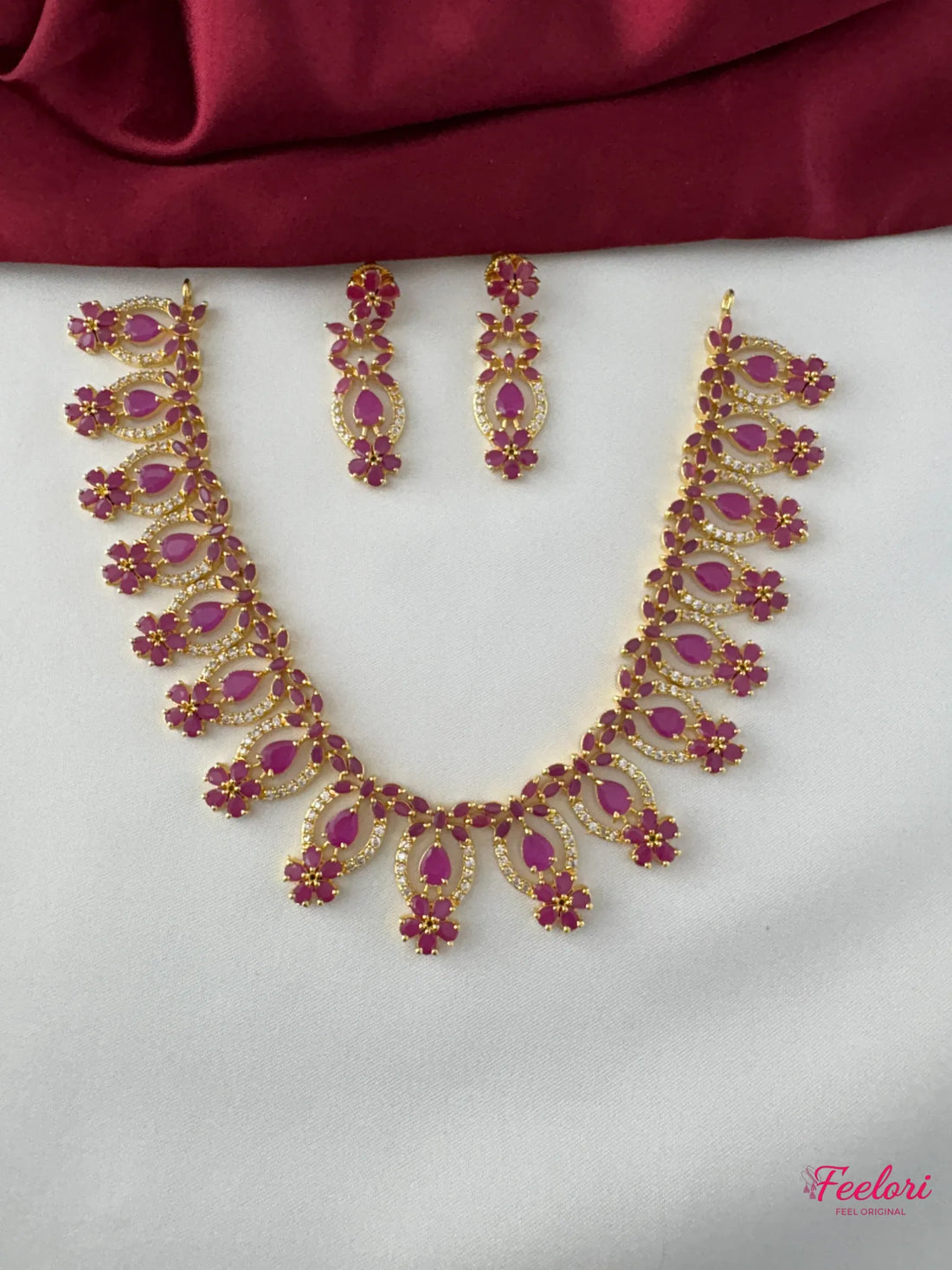 FeelOri Gold Plated Ruby-Tone Scalloped Petal Necklace Set - Regal Bloom - FeelOri Indian fashion jewellery view 1