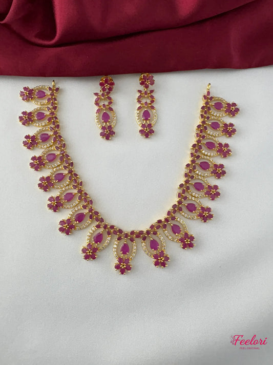 FeelOri Gold Plated Ruby Scalloped Petal Necklace Set - Regal Bloom