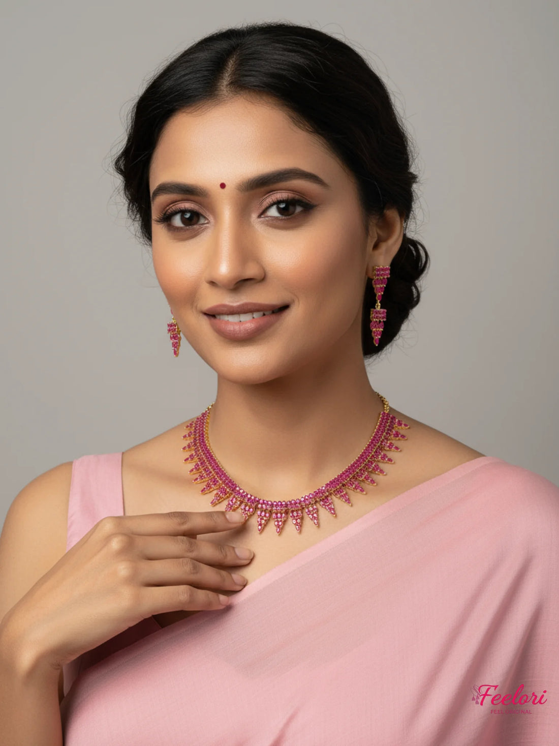 FeelOri Gold Plated Ruby Spike Necklace Set - Festive Elegance - Gold and Ruby Red - Lifestyle