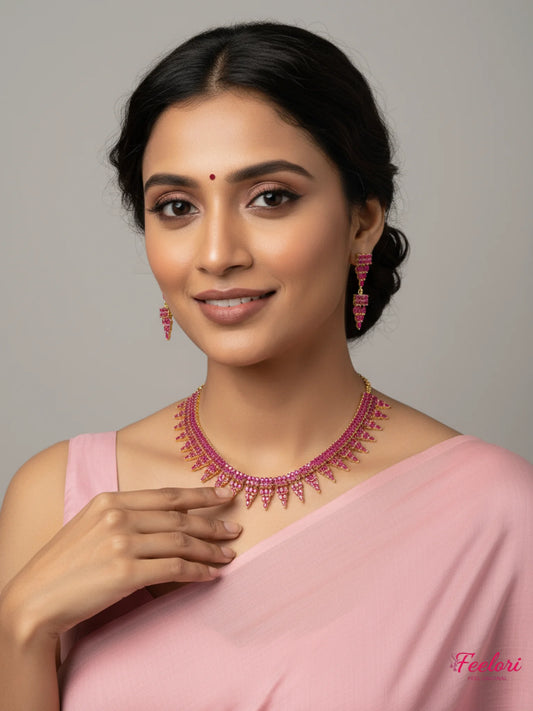 FeelOri Gold Plated Ruby Spike Necklace Set - Festive Elegance - Gold and Ruby Red - Lifestyle