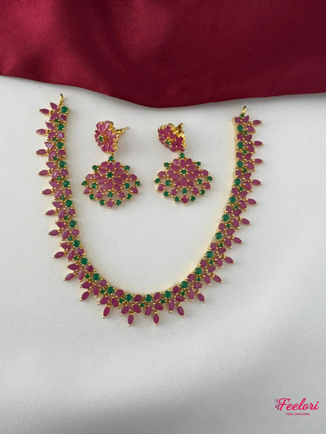 FeelOri ruby and emerald floral necklace set, front view with adjustable dori