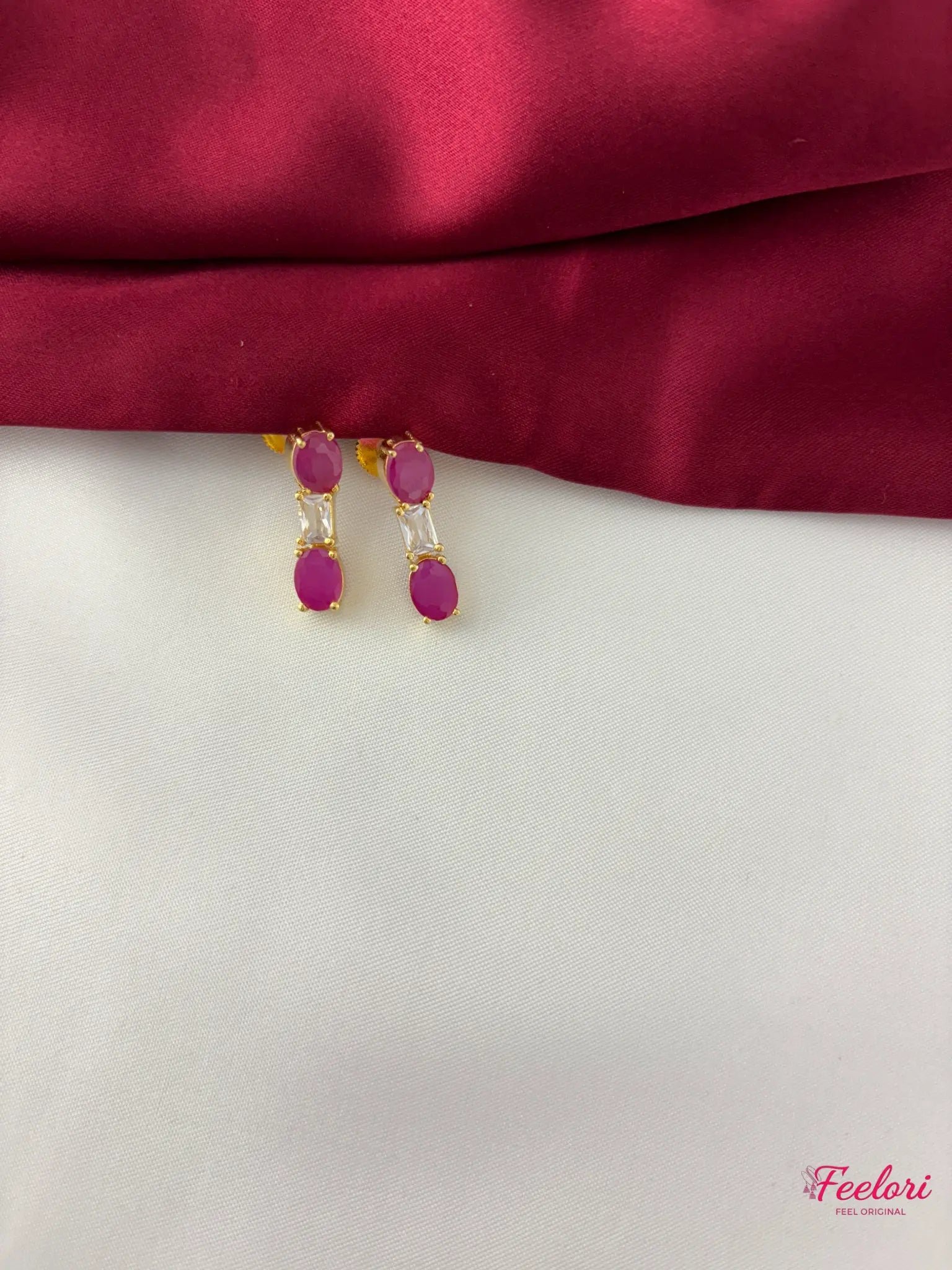 FeelOri Gold Plated Ruby-Tone White Gem Oval Necklace Set - Regal Allure - FeelOri Indian fashion jewellery view 3