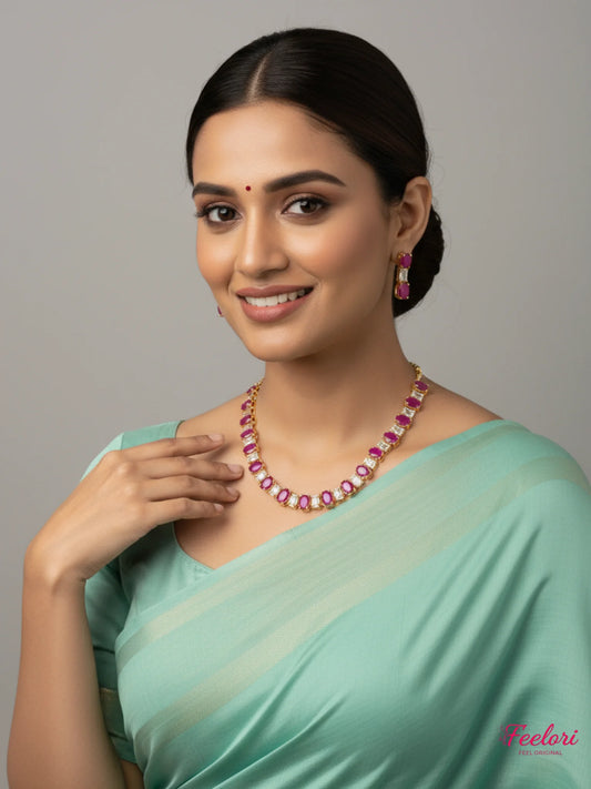 FeelOri Gold Plated Ruby White Gem Oval Necklace Set - Regal Allure - Gold, Ruby Red, Clear White - Lifestyle