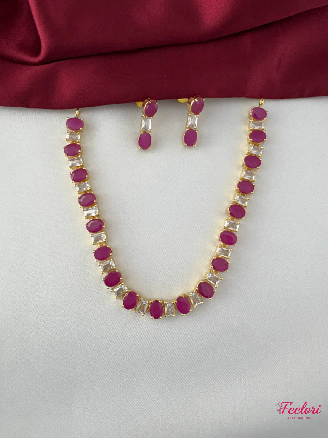 FeelOri Gold Plated Ruby-Tone White Gem Oval Necklace Set - Regal Allure - FeelOri Indian fashion jewellery view 1