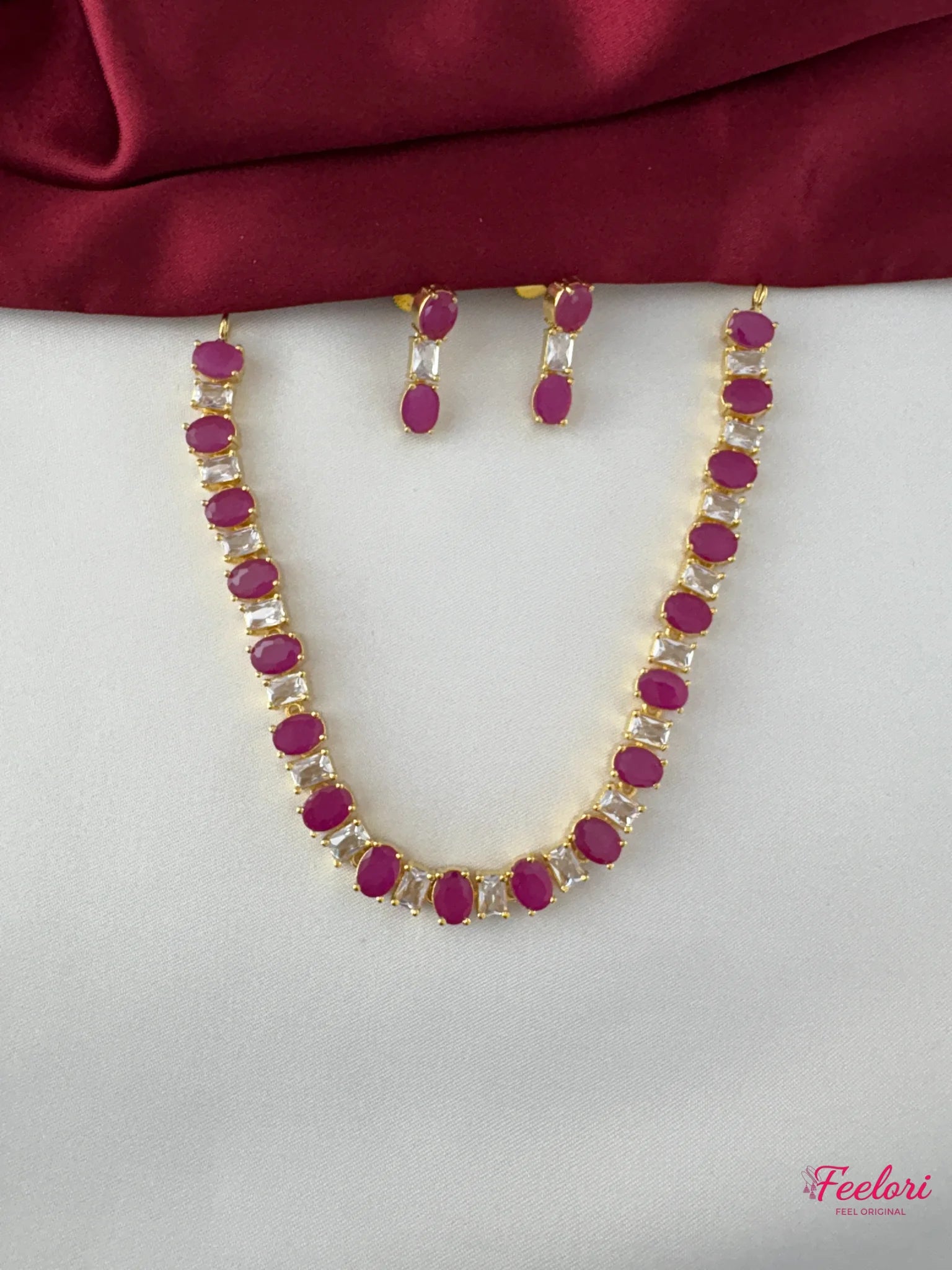 FeelOri Gold Plated Ruby-Tone White Gem Oval Necklace Set - Regal Allure - FeelOri Indian fashion jewellery view 1