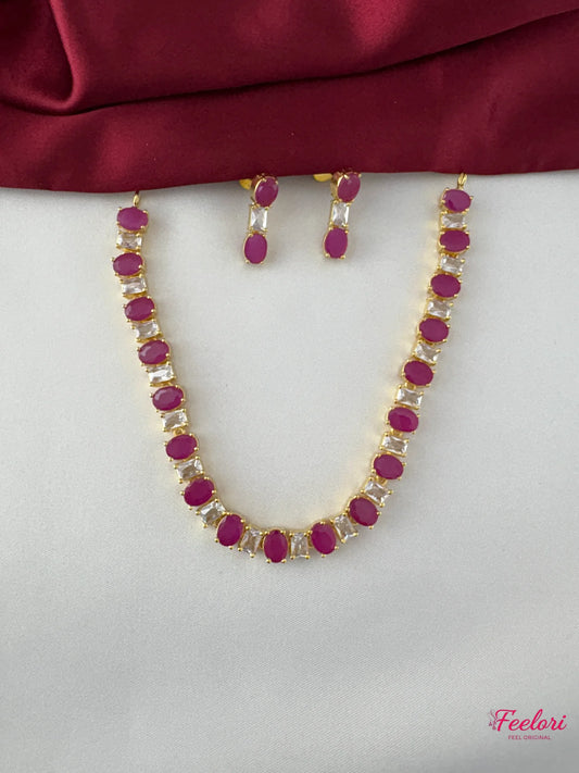 FeelOri Gold Plated Ruby White Gem Oval Necklace Set - Regal Allure