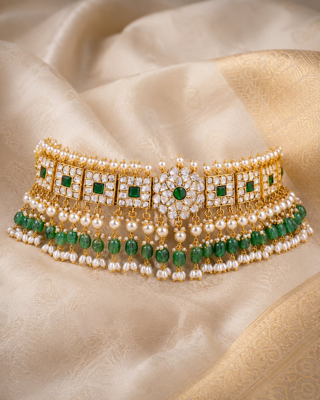 FeelOri gold-polished choker necklace styled with saree fabric for Indian occasion wear