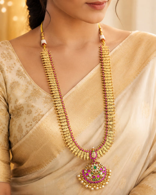 FeelOri gold-polished long haram necklace styled with Indian occasion wear