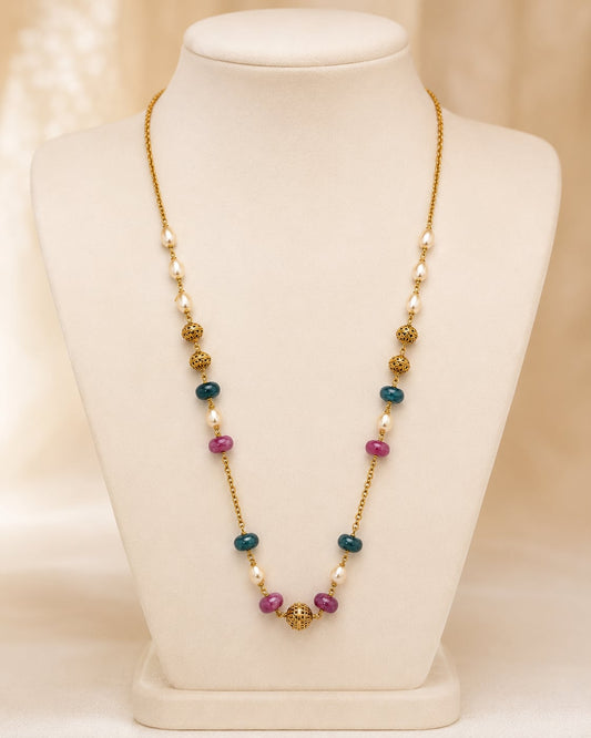 FeelOri multicolour bead and pearl-look 18-inch necklace on an ivory display