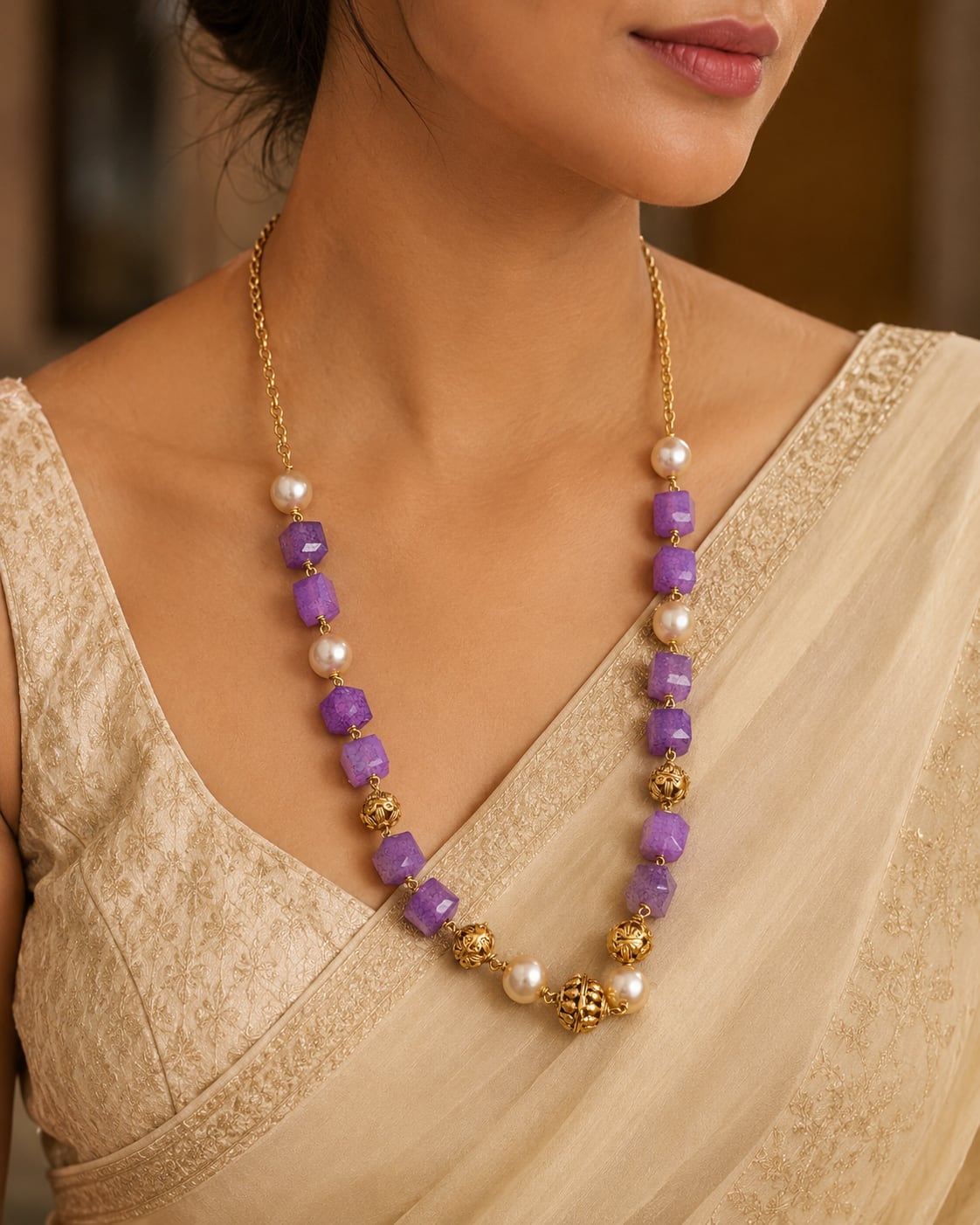 FeelOri gold-polished necklace styled with Indian occasion wear