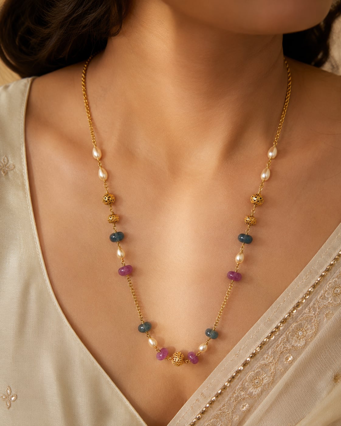 FeelOri gold-polished necklace styled with Indian occasion wear