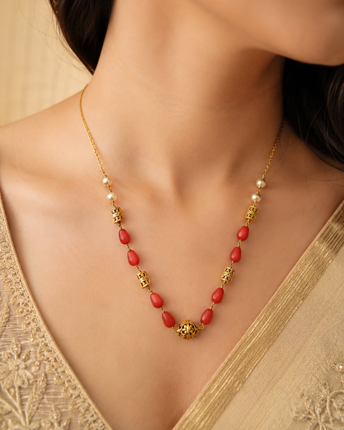 FeelOri gold-polished necklace styled with Indian occasion wear