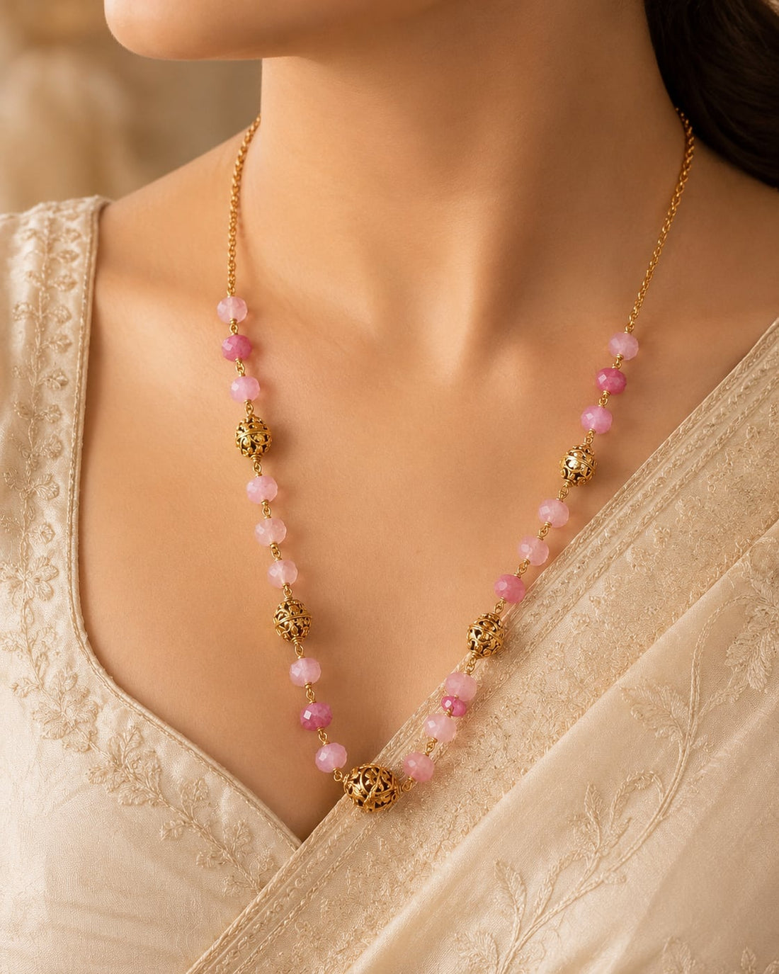 FeelOri gold-polished necklace styled with Indian occasion wear