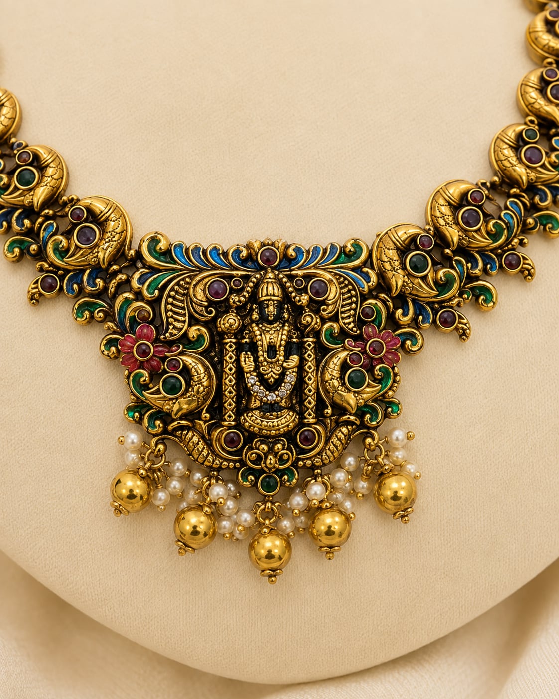 FeelOri gold-polished necklace set with matching earrings styled with saree fabric for Indian occasion wear