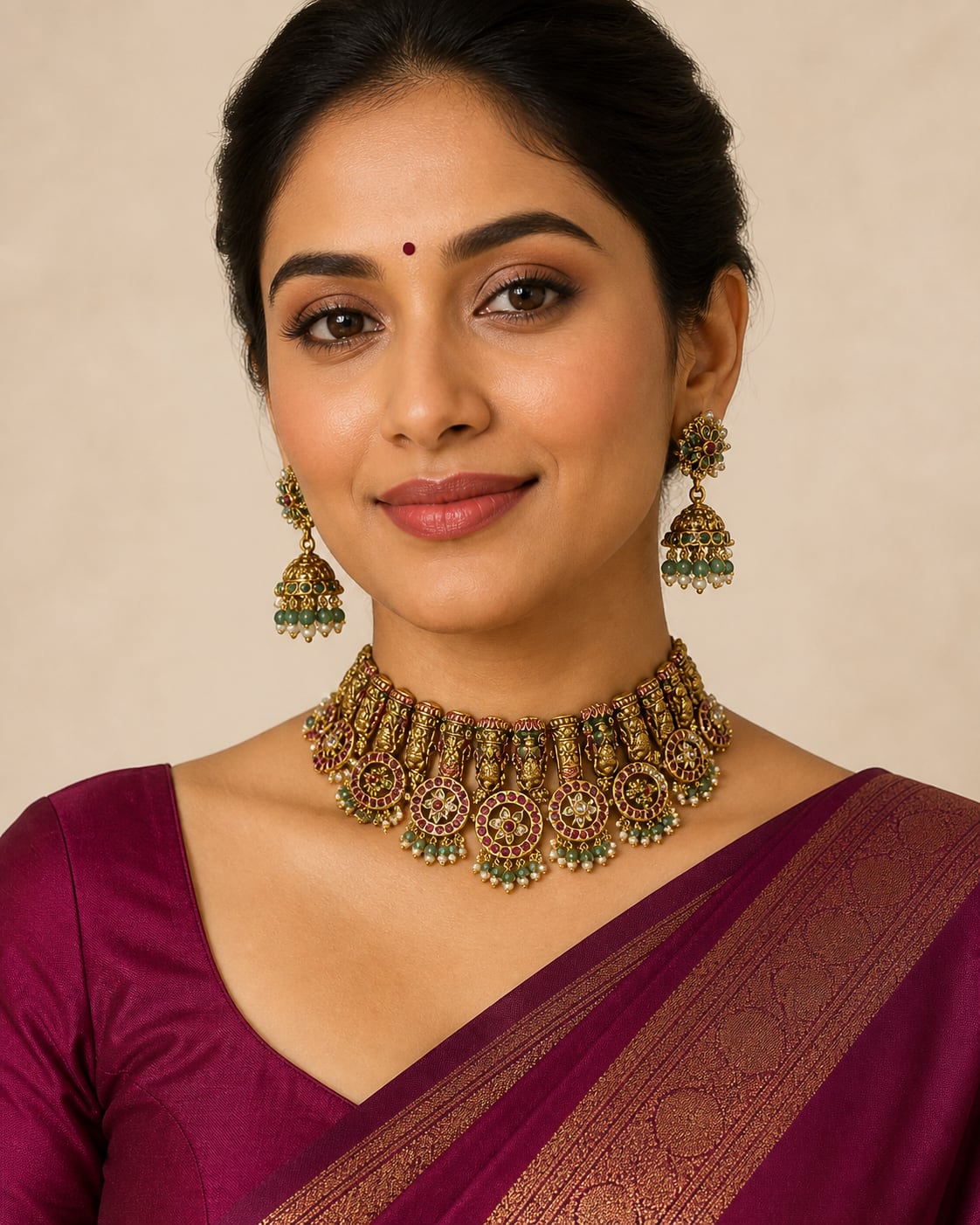 FeelOri gold-polished necklace set with matching earrings on jewellery display