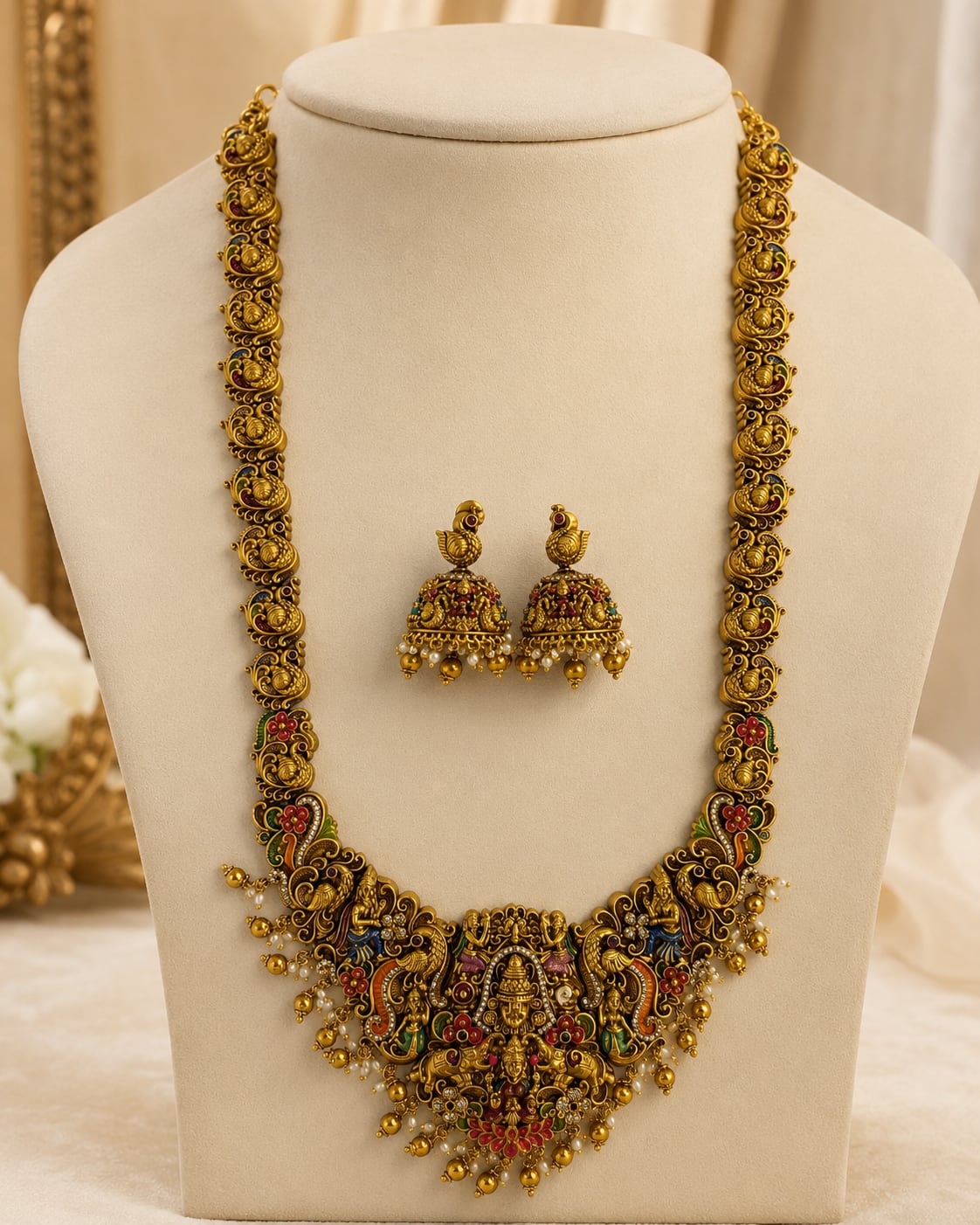 FeelOri gold-polished necklace set with matching earrings on jewellery display