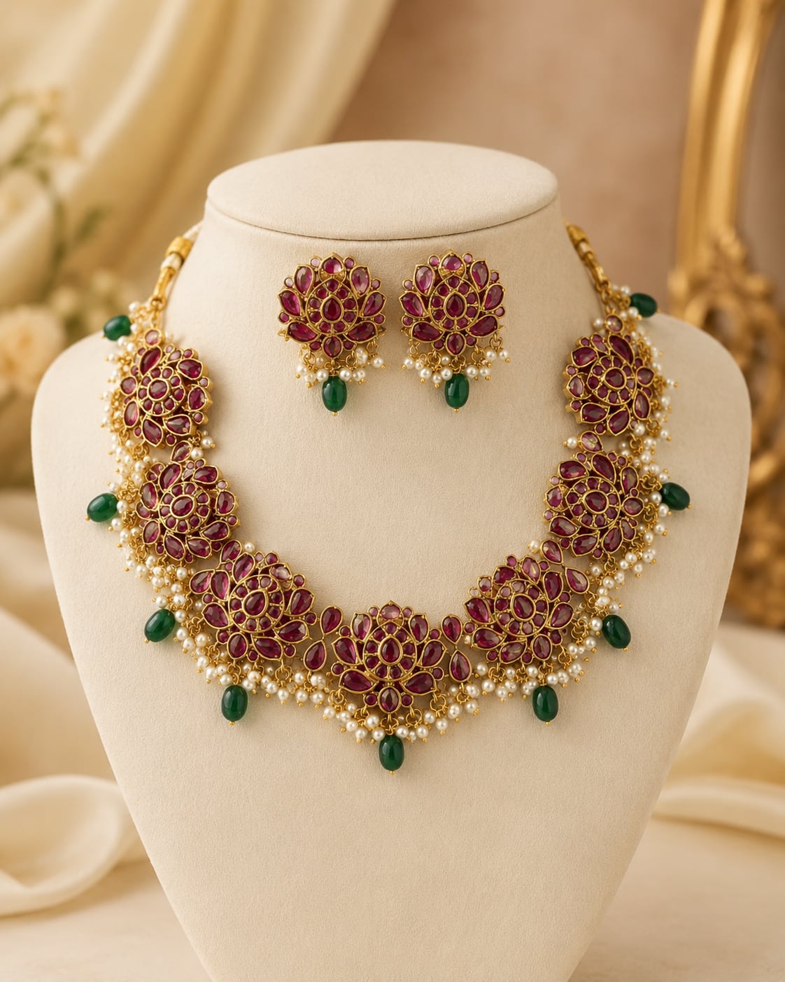FeelOri gold-polished necklace set with matching earrings on jewellery display