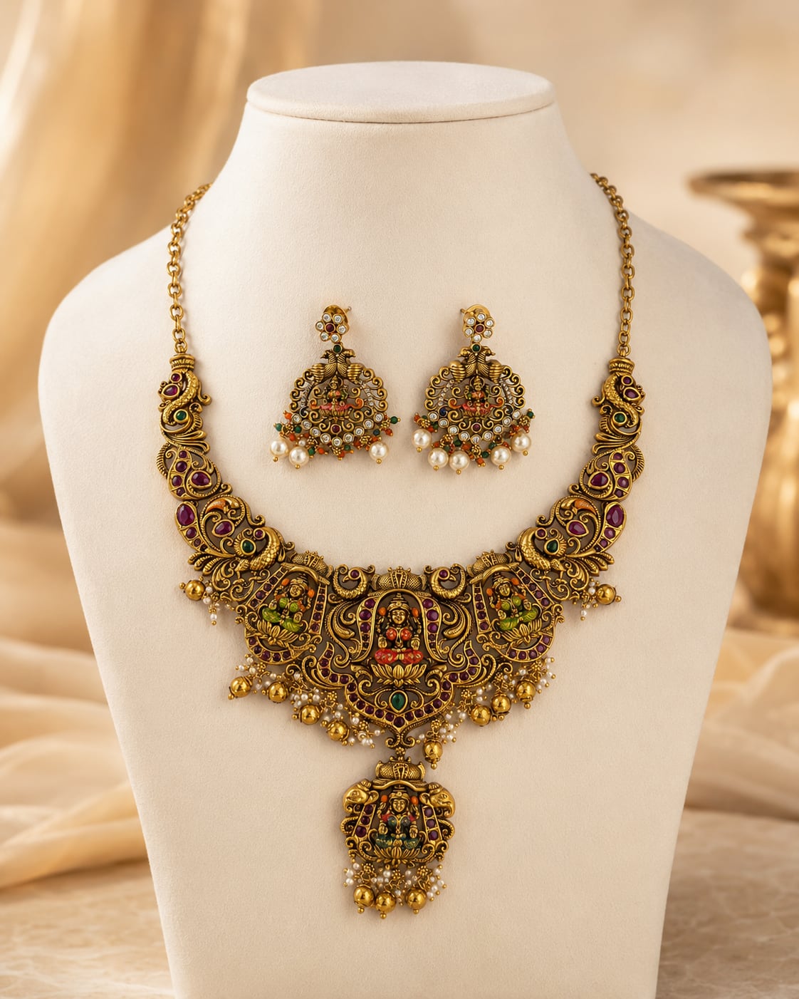 FeelOri gold-polished necklace set with matching earrings on jewellery display