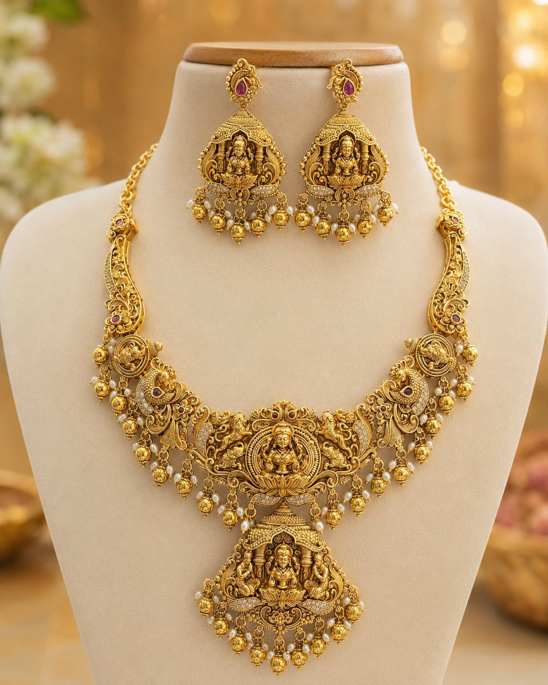 FeelOri lakshmi drop gold-polished necklace set for pattu sarees main product view