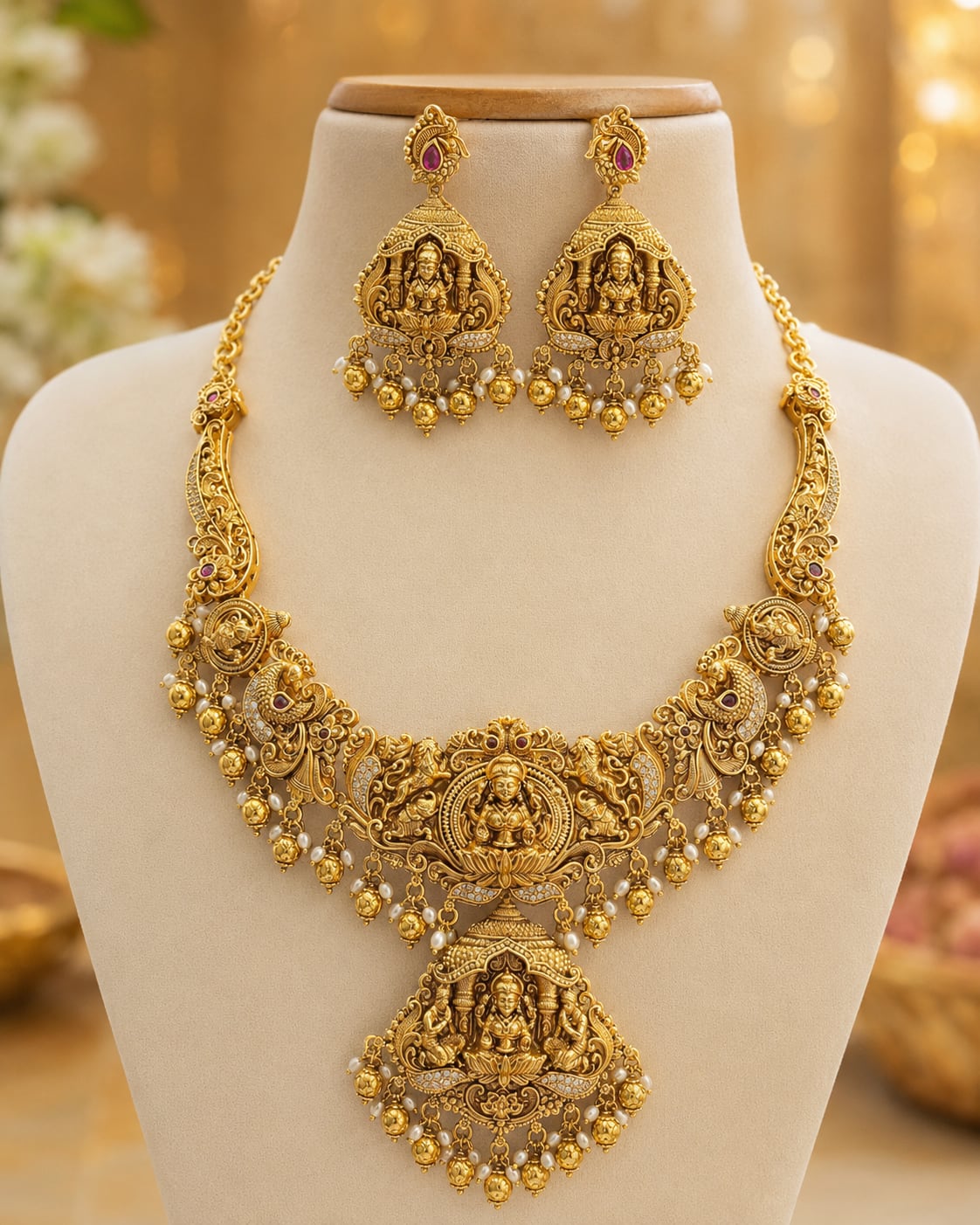 FeelOri gold-polished necklace set with matching earrings on jewellery display