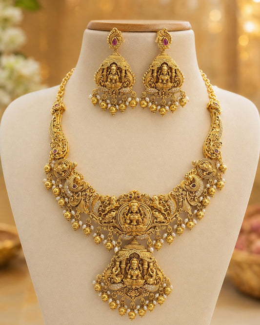 FeelOri lakshmi drop gold-polished necklace set for pattu sarees main product view