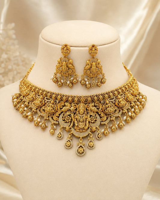 FeelOri heavy lakshmi gold-polished necklace set for pattu sarees main product view