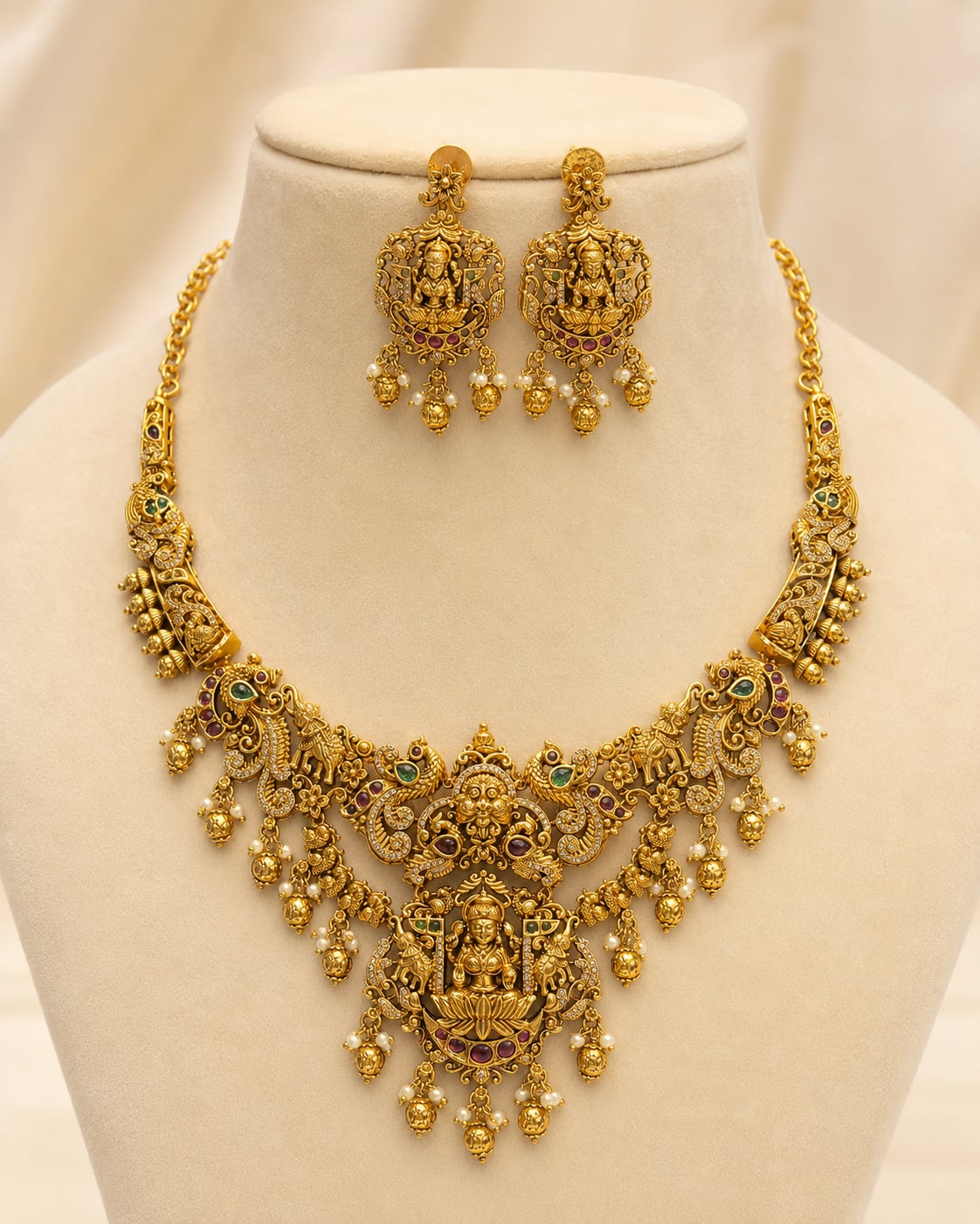 FeelOri gold-polished necklace set with matching earrings on jewellery display