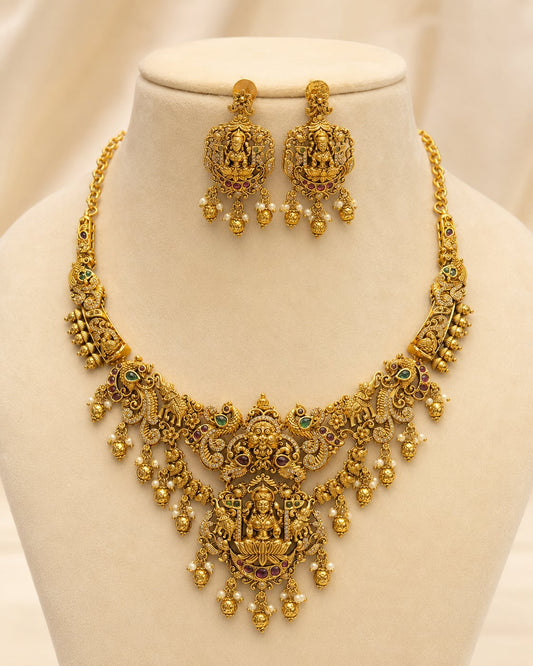 FeelOri lakshmi pendant gold-polished necklace set for pattu sarees main product view