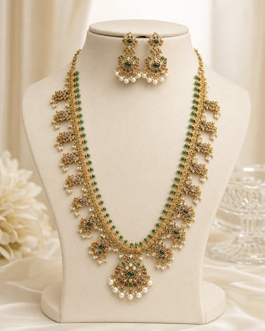 FeelOri green bead long gold-polished necklace set for pattu sarees main product view