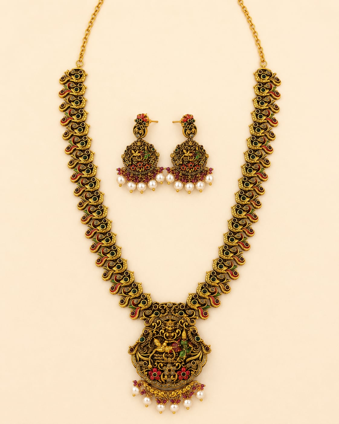 FeelOri gold-polished necklace set with matching earrings for sarees and festive styling