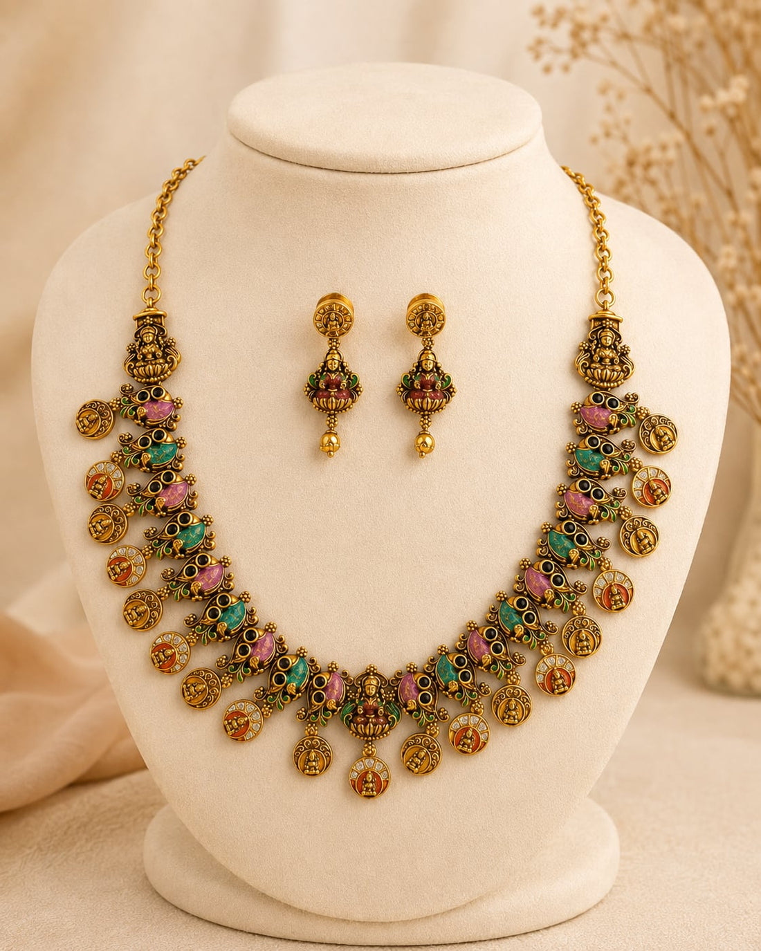FeelOri gold-polished necklace set with matching earrings for sarees and festive styling