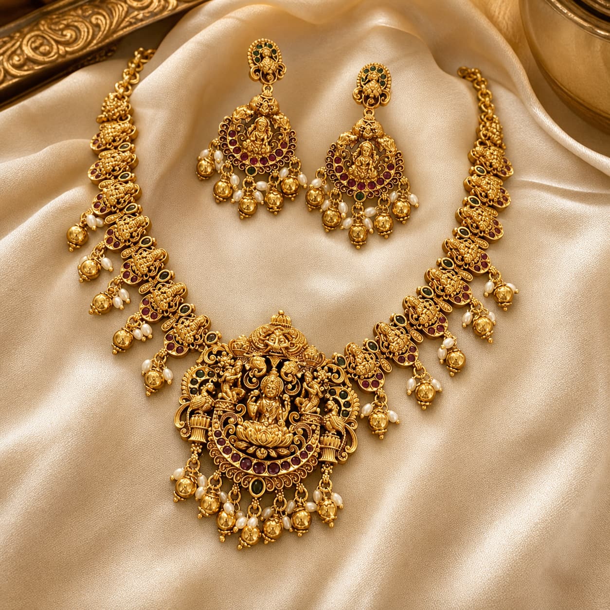 FeelOri gold-polished necklace set with matching earrings for sarees and festive styling
