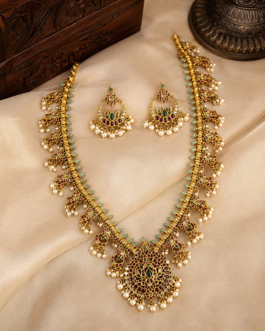 FeelOri pearl fringe gold-polished necklace set for pattu sarees main product view