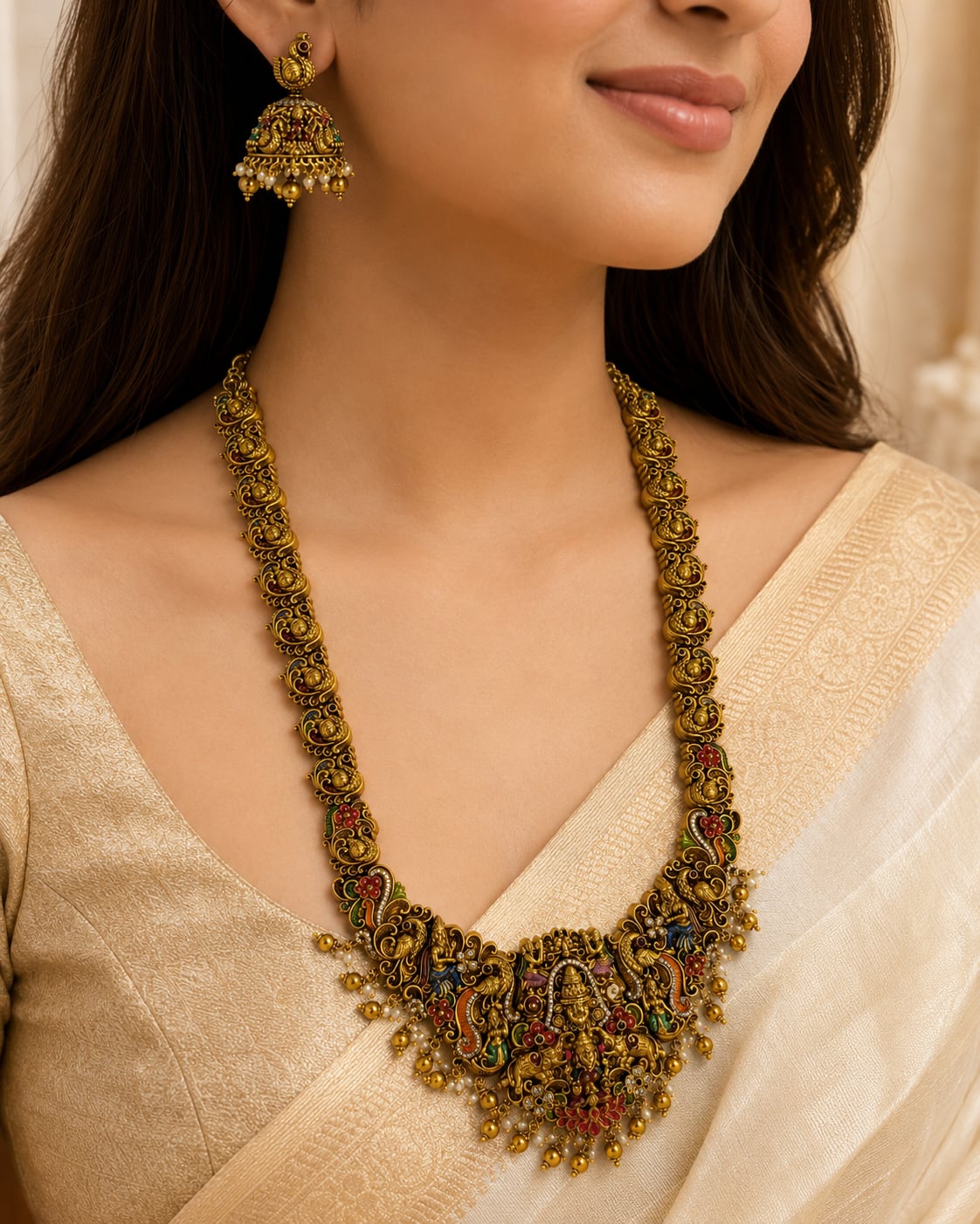 FeelOri gold-polished necklace set with matching earrings styled with Indian occasion wear