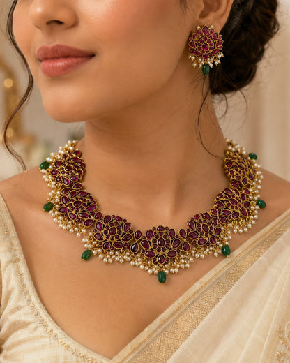 FeelOri gold-polished necklace set with matching earrings styled with Indian occasion wear