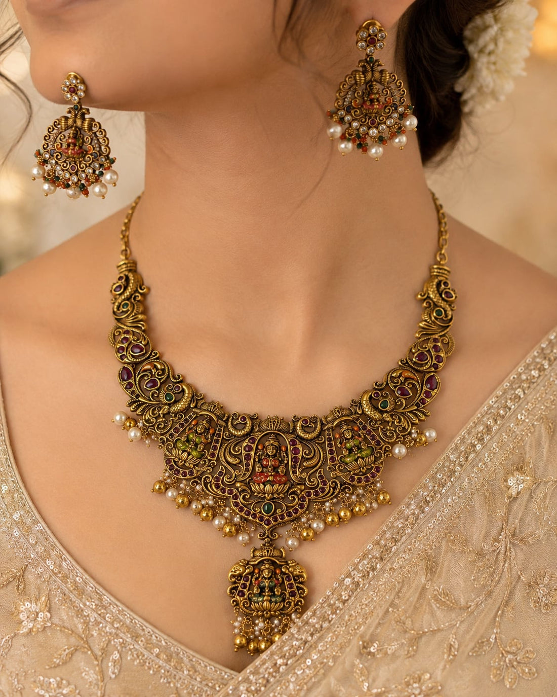 FeelOri gold-polished necklace set with matching earrings styled with Indian occasion wear
