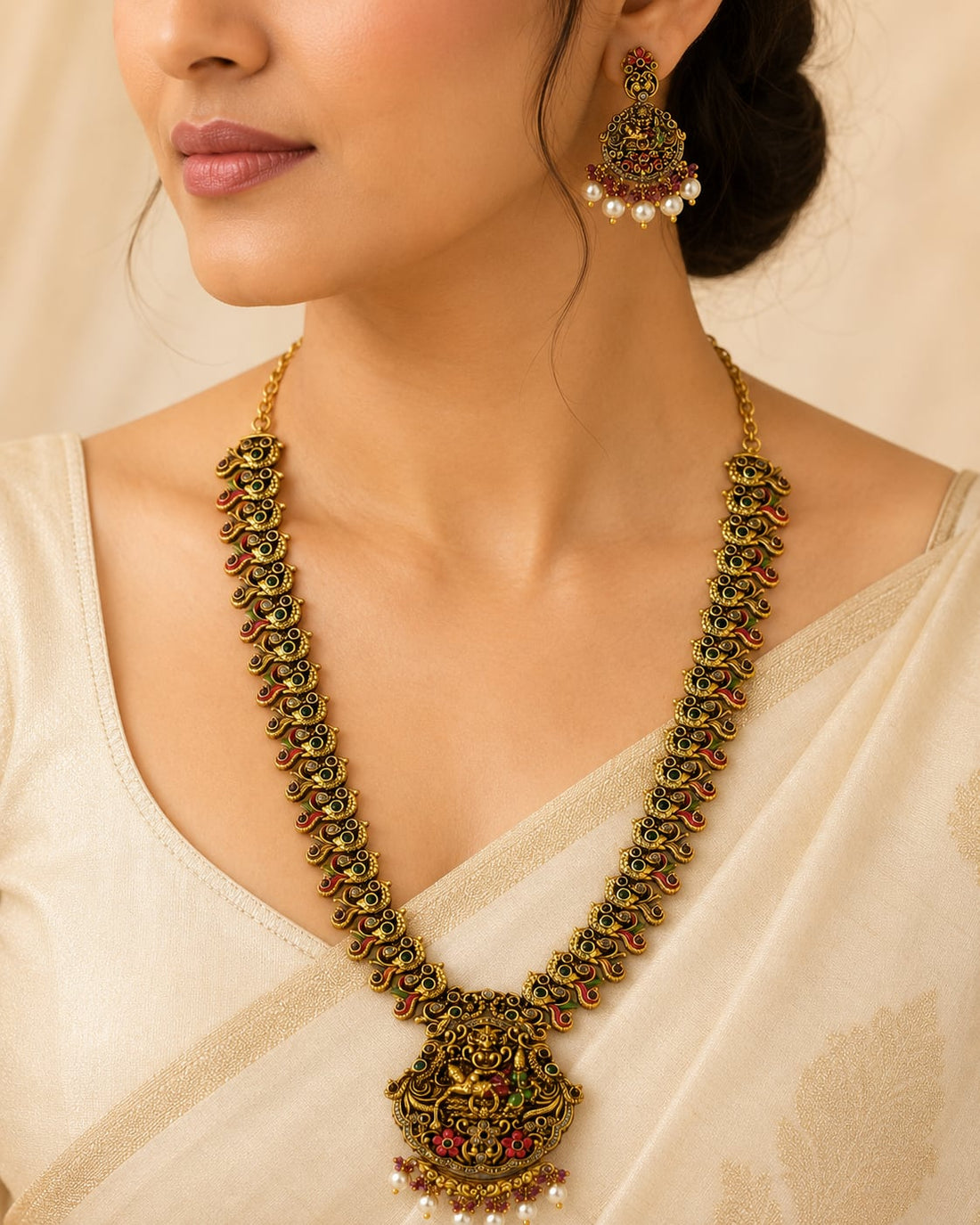 FeelOri gold-polished necklace set with matching earrings styled with Indian occasion wear