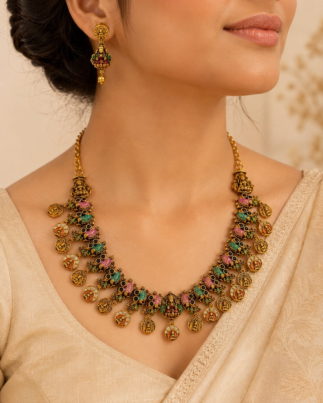 FeelOri gold-polished necklace set with matching earrings styled with Indian occasion wear
