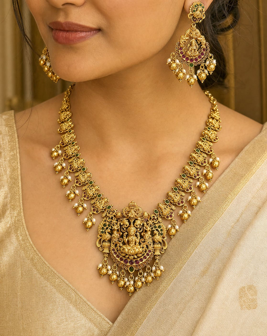 FeelOri gold-polished necklace set with matching earrings styled with Indian occasion wear