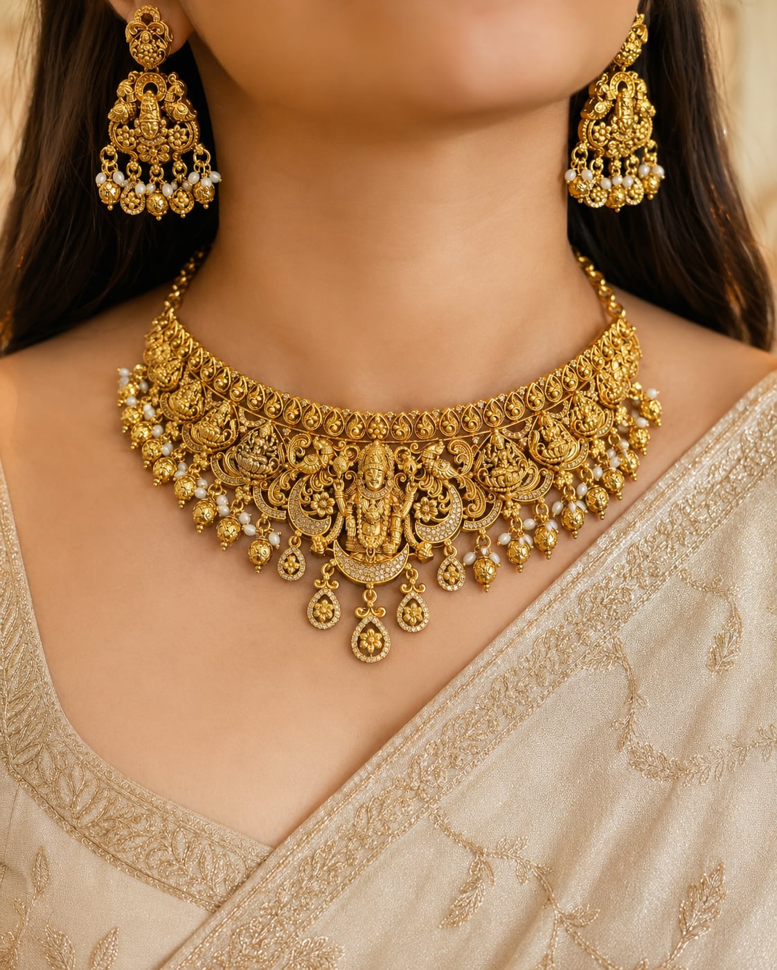 FeelOri gold-polished necklace set with matching earrings styled with Indian occasion wear