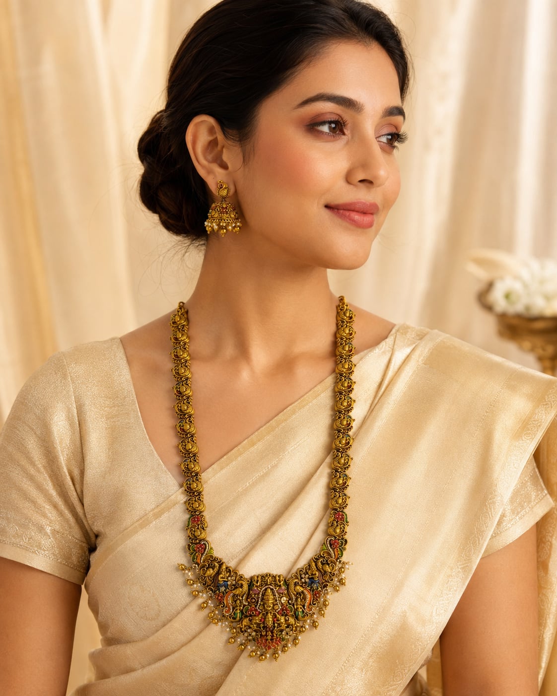 FeelOri gold-polished necklace set with matching earrings styled with saree fabric for Indian occasion wear