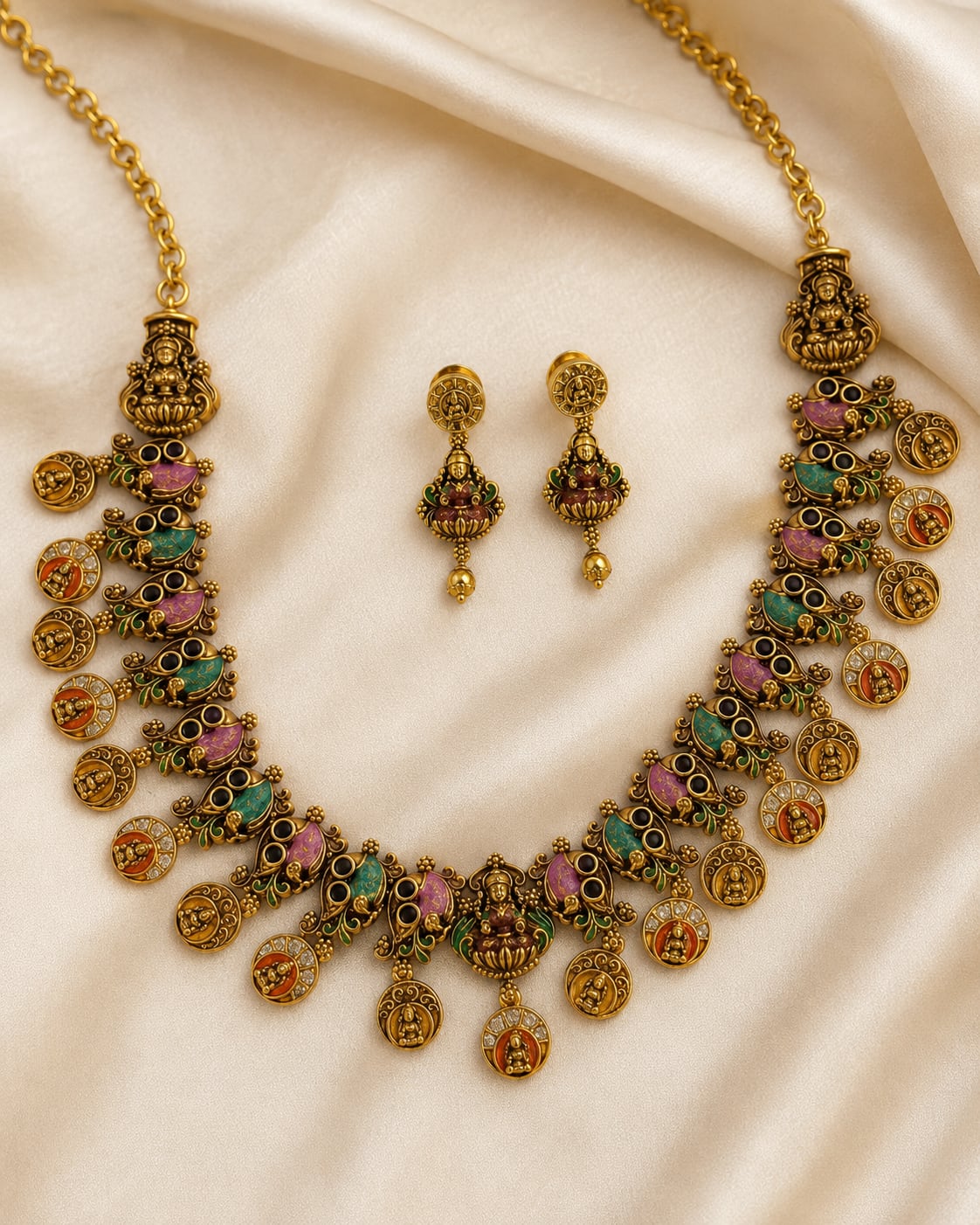FeelOri gold-polished necklace set with matching earrings styled with saree fabric for Indian occasion wear