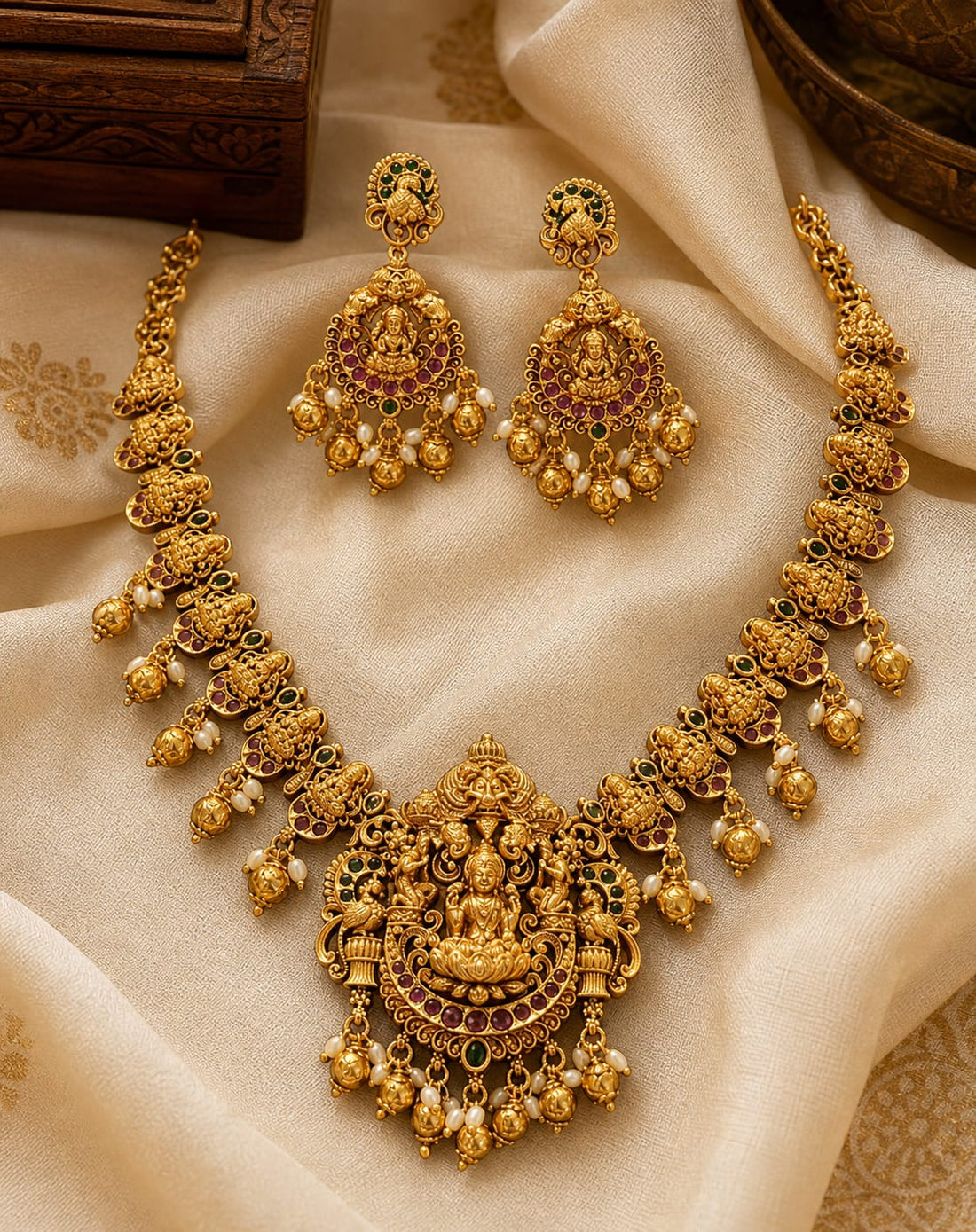 FeelOri gold-polished necklace set with matching earrings styled with saree fabric for Indian occasion wear