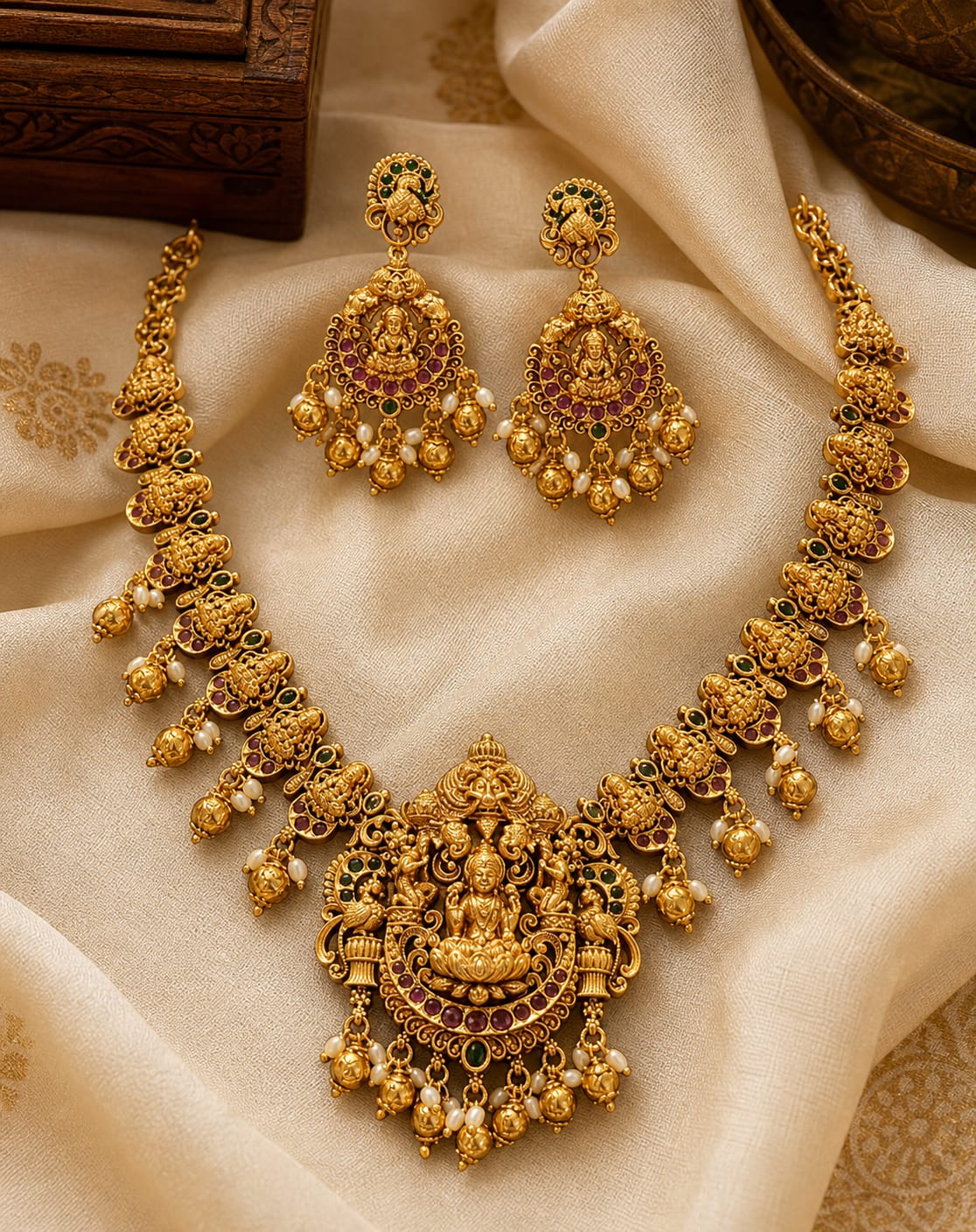 FeelOri gold-polished necklace set with matching earrings styled with saree fabric for Indian occasion wear