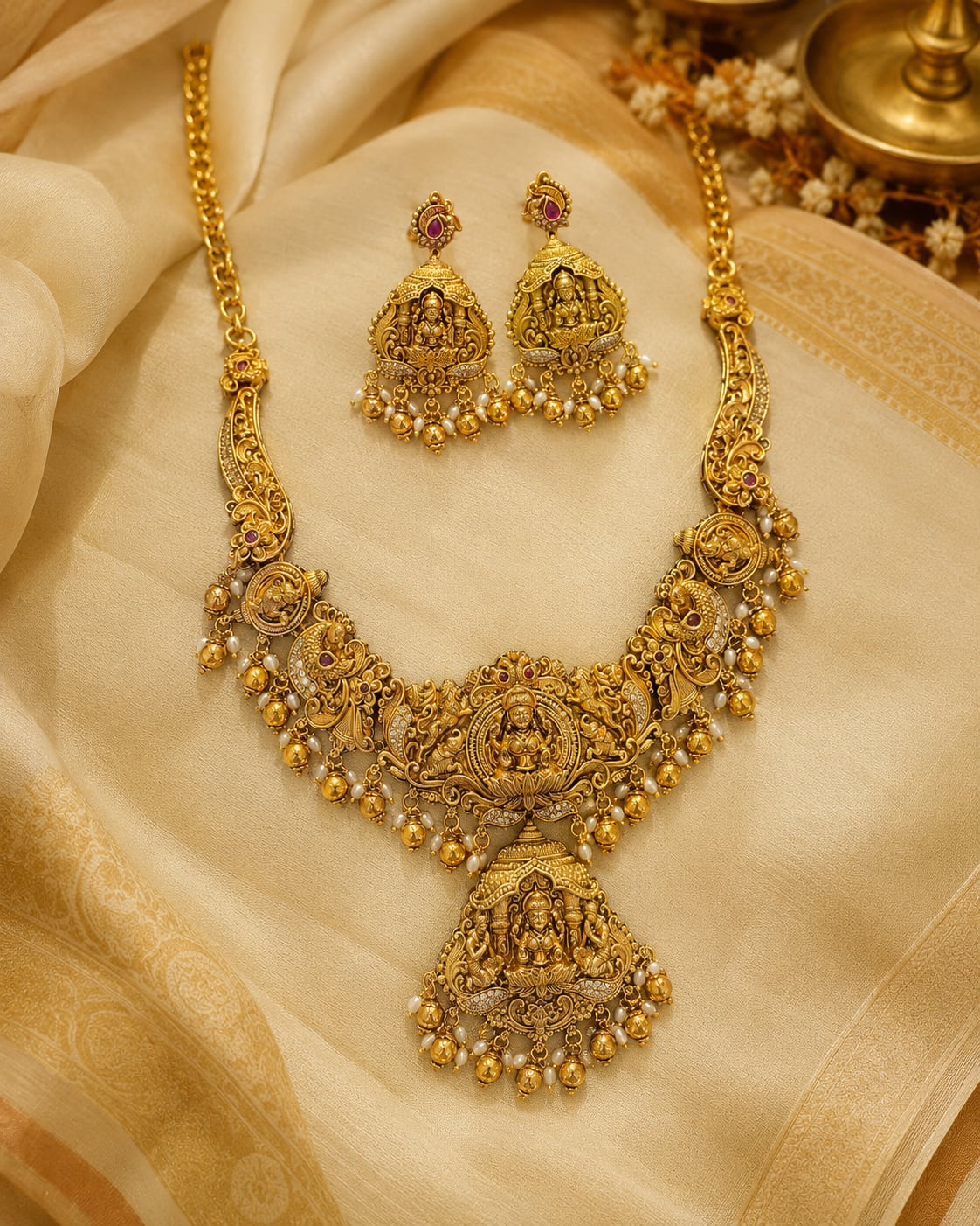 FeelOri gold-polished necklace set with matching earrings styled with saree fabric for Indian occasion wear
