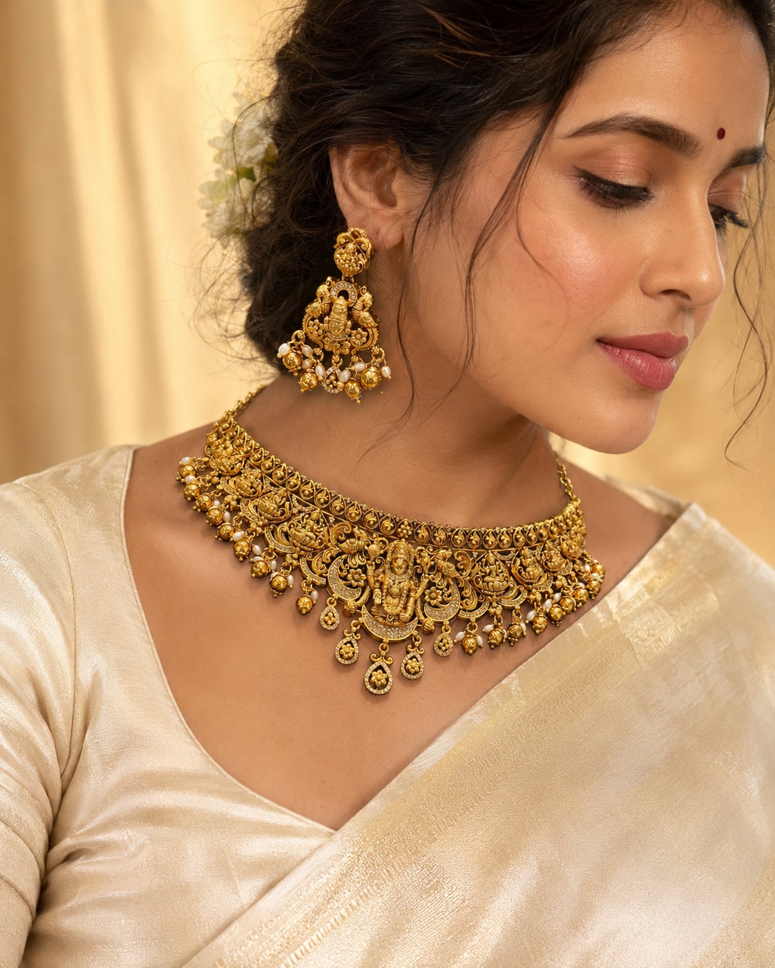 FeelOri gold-polished necklace set with matching earrings styled with saree fabric for Indian occasion wear